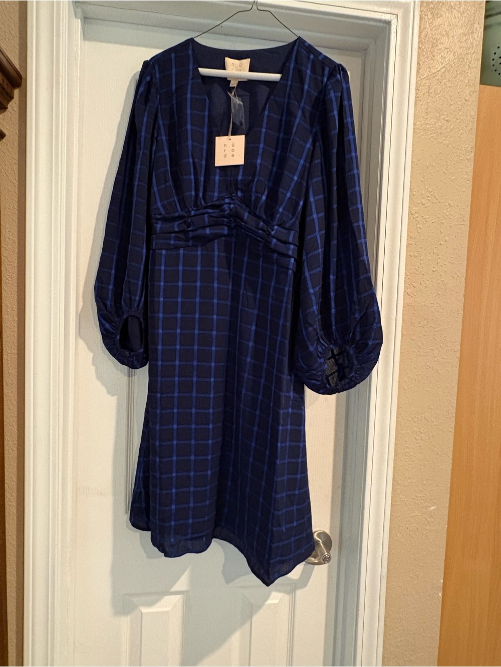 Plaid V-Neck Long Sleeve Midi Dress in Navy